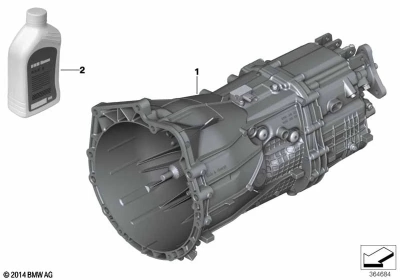 A technical parts diagram showing a large gray transmission or motor assembly labeled 1, with a small bottle of fluid labeled 2 in the upper left. The image has BMW copyright text at bottom left and a parts catalog mark at bottom right on a white background.