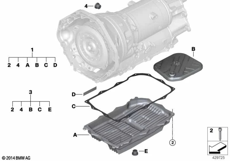 BMW transmission and oil pan assembly parts diagram with labeled components A through E, gasket, and fasteners on a white background.